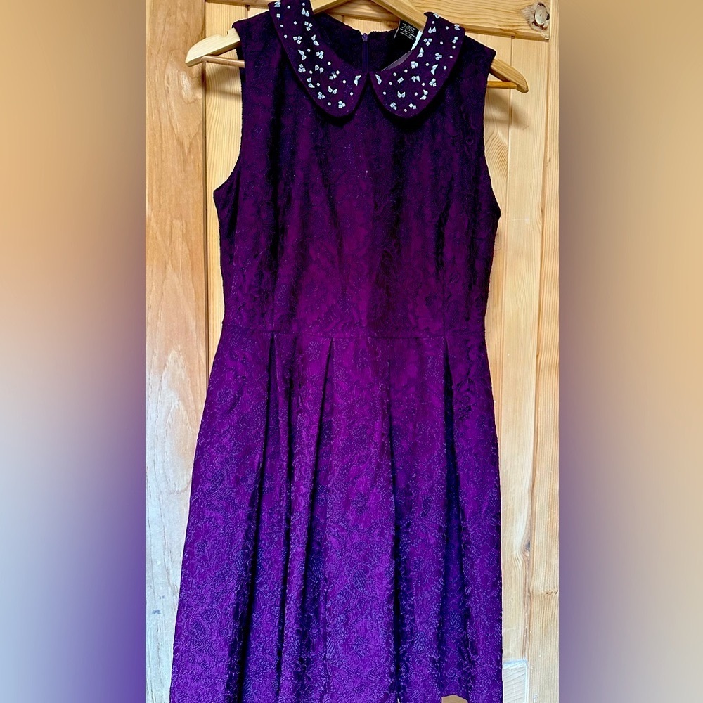 Iman Mid Length Lace Dress Purple with Crystal Collar